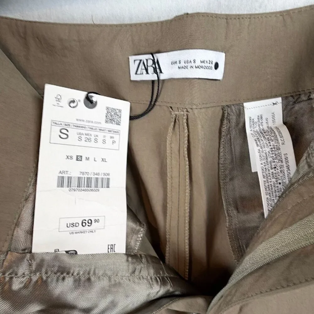 NWT Zara Straight Leg Lightweight Khaki Pants High Rise Stretch Casual Trousers